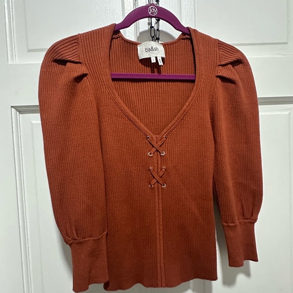 ba&sh Rust Orange V-Neck Sweater with Lace-Up Detail size Small - Picture 3 of 5